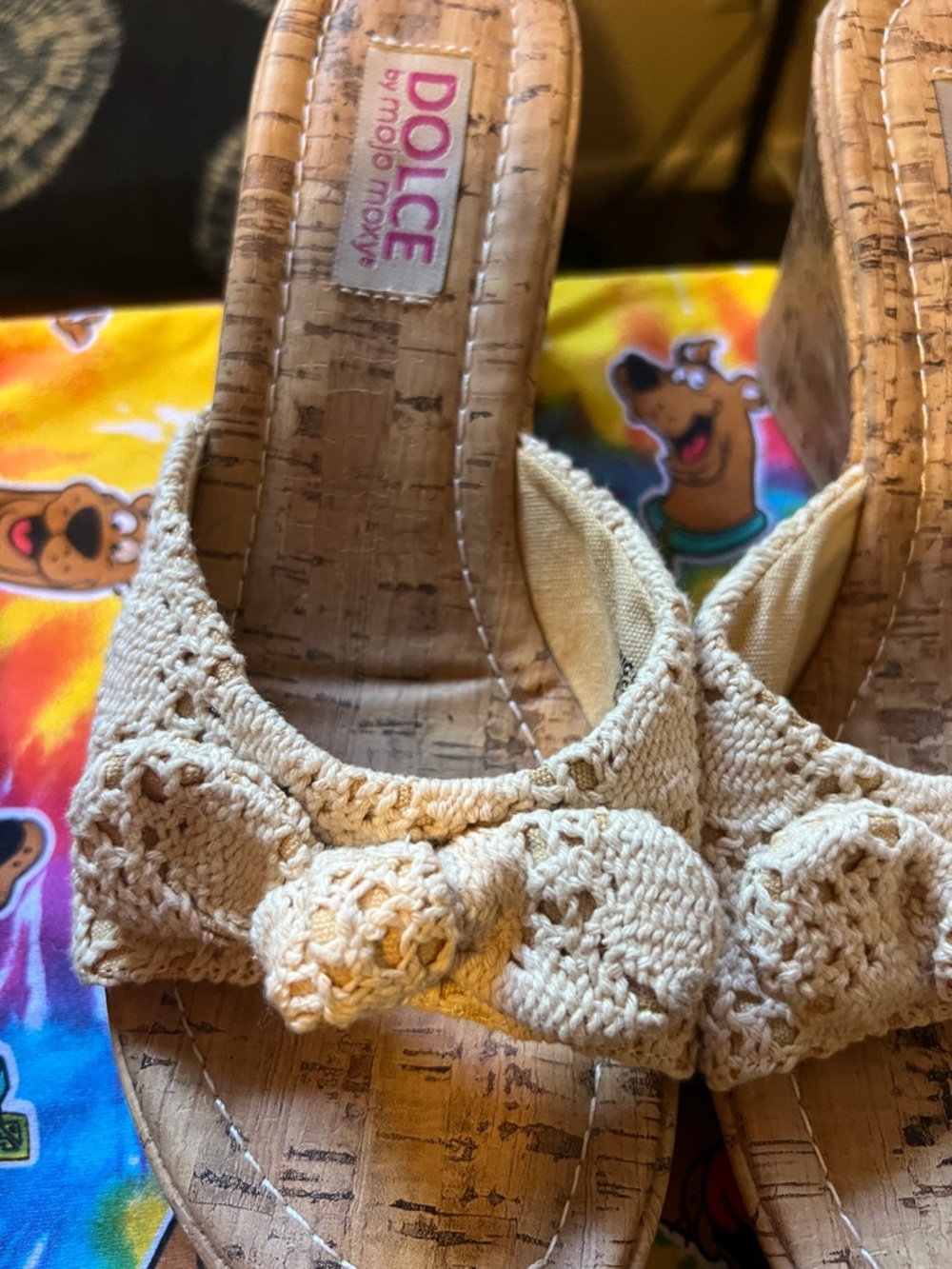Mojo Moxy Beige Crochet Wedge Sandals with Bow Accent